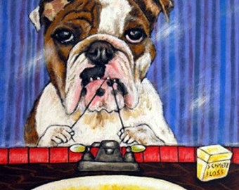 bulldog art - tile coaster - animal decor - flossing - dentist gift - animal lover