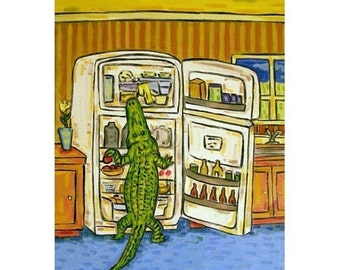Alligator Raiding the Fridge Art Print - 13x19 - matte or glossy