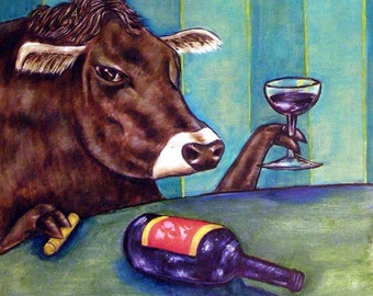 Cow at Wine Bar Coaster Tile - Animal Decor Art - Multiple Sizes Available