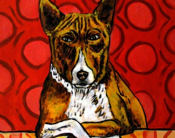 basenji art - Basenji Reading Dog Art Print on ready to hang gallery wrap canvas - modern home decor