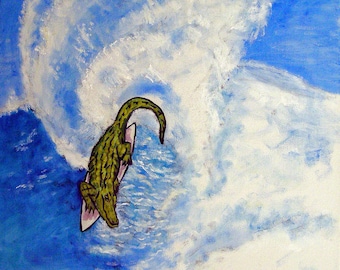ALligator surfing animal art print on ready to hang gallery wrap canvas
