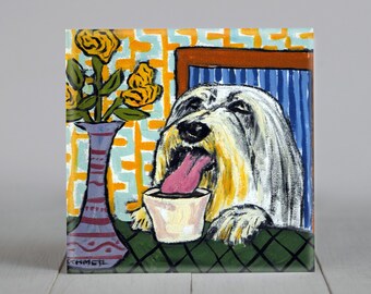 Bearded Collieat the Coffee Shop Cafe  picture Dog Art coaster tile gift