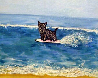 Scottish Terrier Surfing Dog Art coaster tile GIft