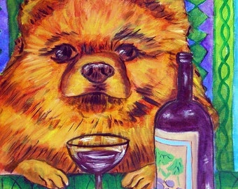 pomeranian at the wine bar - dog art - tile coaster - dog lvover gift - snimsl decor