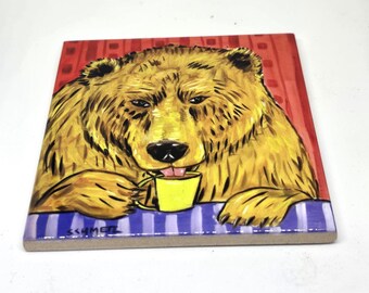 brown bear at the coffee shop animal art tile coaster - multiple sizes