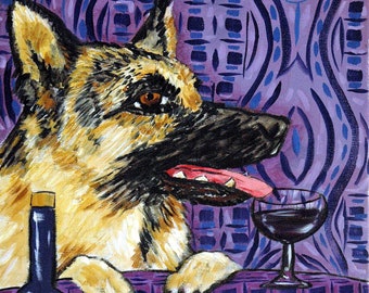 German shepherd at the wine bar dog art tile coaster gift  - multiple sizes