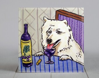 samoyed at the wine bar dog art tile coaster gift - multiple sizes