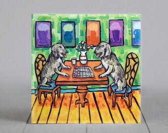 Irish Wolfhound Playing Checkers Dog Art Ceramic Coaster Tile - Animal Print Gift Item