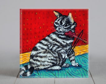 American shorthair cat coaster - violinist art artwork decor gift - ,ultiple sizes