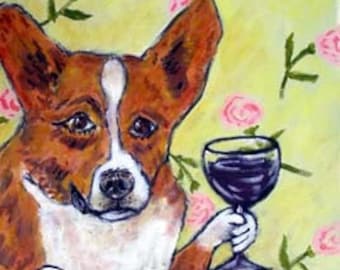 Corgi PRINT, wine art, 13x19 print, corgi art, gift. modern dog art, modern folk art, wine,dog, dog art,dog print