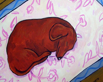dachshund tile - dachshund art - Dachshund Sleeping on a Rug Dog art tile coaster - dachshund gifts