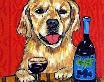 Golden Retriever, wine, wine art , wine print on tile, ceramic coaster, moedern dog , gift,