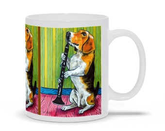 Beagle Coffee Mug - Funny Dog Art - Clarinet Player Gift - Dog Lover Mugs