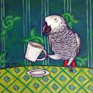 Perroquet gris d&#39;Afrique au café - art d&#39;oiseau - dessous de verre en tuile - cadeau pour amoureux des animaux