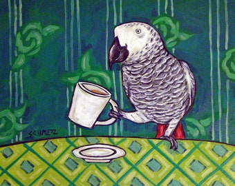 African Grey Parrot at the Coffee Shop - bird art - tile coaster - animal lover gift
