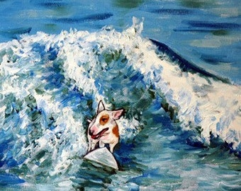Bull Terrier Surfing Dog Art Print