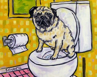 pug art, pug print, pug canvas, bathroom art decor print