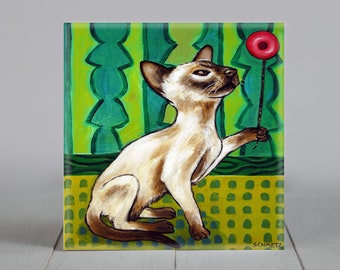 siamese cat playing with a yo-yo art artwork tile coaster gift - multiple sizes