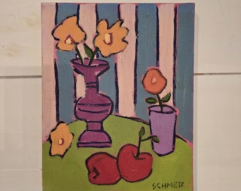 Flowers  Apples Oil Painting Still Life Art 8x10 Contemporary
