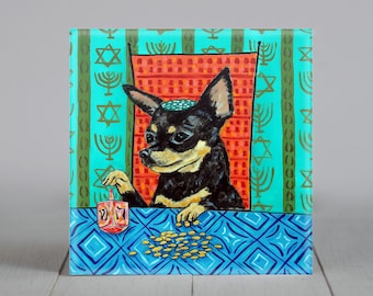 chihuahua playing dreidel hanukah decor art tile coaster gift
