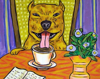 Pit Bull Terrier at the Coffee Shop Dog Art Print  -  stretched canvas or Paper print - multple sizes