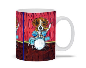 Beagle drumming dog art mug - 11 oz or 15 oz