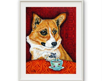 May include: A framed painting of a brown and white Corgi dog sitting at a table. The dog is pouring milk from a small black pitcher into a light blue teacup with floral patterns. The background and table are decorated in shades of red.