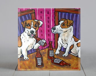 jack russell - dog lover gifts - coaster tile - at the bar - beer lover gifts - animal decor - bar artwork - home accents - tabletop decor