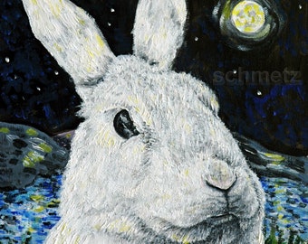 bunny at night - art - tile coaster - gift - rabbit lover
