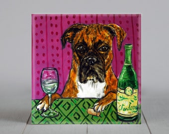 Boxer art- dog art tile - coaster gift - wine lover  birthday gift - multiple sizes