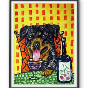 Rottweiler en la vinoteca - Lámina artística, divertido cuadro de perro bebiendo vino, sofisticado arte de pared con cachorros, decoración para carrito de bar, regalo para amantes de las mascotas