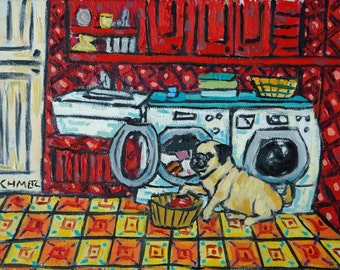pug doing the laundry 13x19 dog art print - matte or glossy