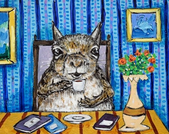 squirrel at the coffee shop animal art print - stretched canvas or paper print - multiple sizes available