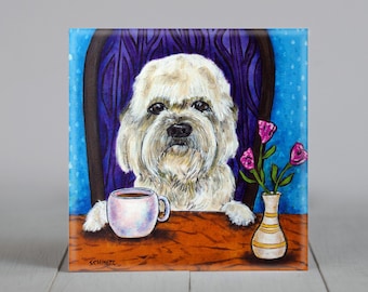 Dandie Dinmont at Coffee Shop Coaster Tile - Dog Art Gift - Dog Decor - Multiple Sizes Available
