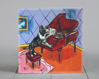 Border Collie art Piano dog decor tile coaster gift