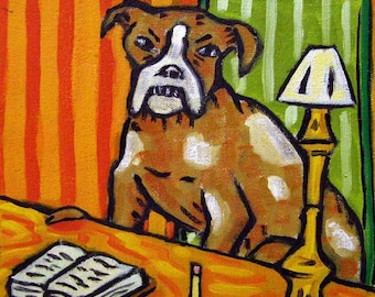 Boxer Reading Dog Art coaster tile Gift