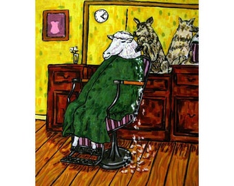 Wolf Giving Sheep a Haircut Art Print stretched canvas or matte paper print - multiple sizes