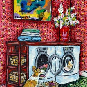 corgi doing the laundry dog art print on matte or glossy paper - modern home decor