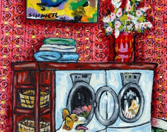 corgi doing the laundry giclee print dog arton ready to hang canvas - modern home decor