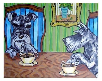 schnauzer dog tea decor canvas walll art print - stretched canvas or paper print