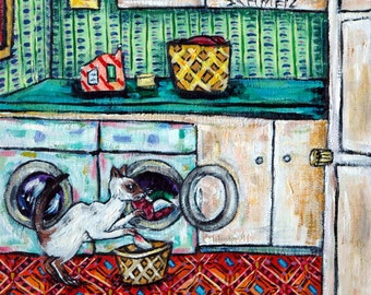 siamese cat doing the laundry - animal art decor - tile coaster - gift