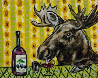 moose at the wine bar animal art print on ready to hang stretched canvas - multiple sizes available - home