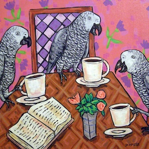 African Grey parrots, Fine art print, Parrot gifts,Friends at the Coffee Shop, Bird art print by Jay Schmetz