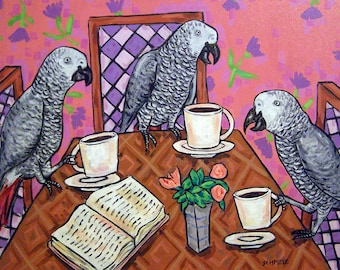 African Grey parrots, Fine art print, Parrot gifts,Friends at the Coffee Shop, Bird art print by Jay Schmetz