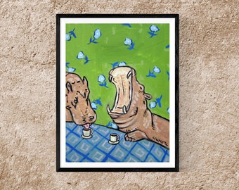 hippo at the coffee shop animal art print on ready to hang stretched canvas - multiple sizes
