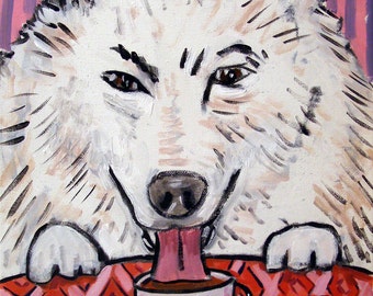 Samoyed art print coffee dog decor - stretched canvas or paper print - multiple sizes available