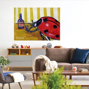 modern folk Ladybug wine canvas art print - ready to hang by Schmetzpetz