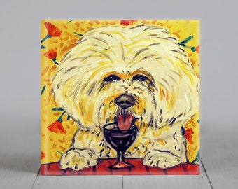 bichon frise - dog art - tile coaster - animal lover gift - wine decor