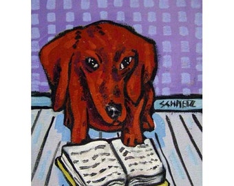 dachshund dogreading art print on matte or paper print