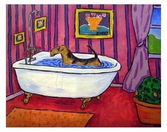 airedale terrier dog bath pet salon art print from a schmetz original oil painting